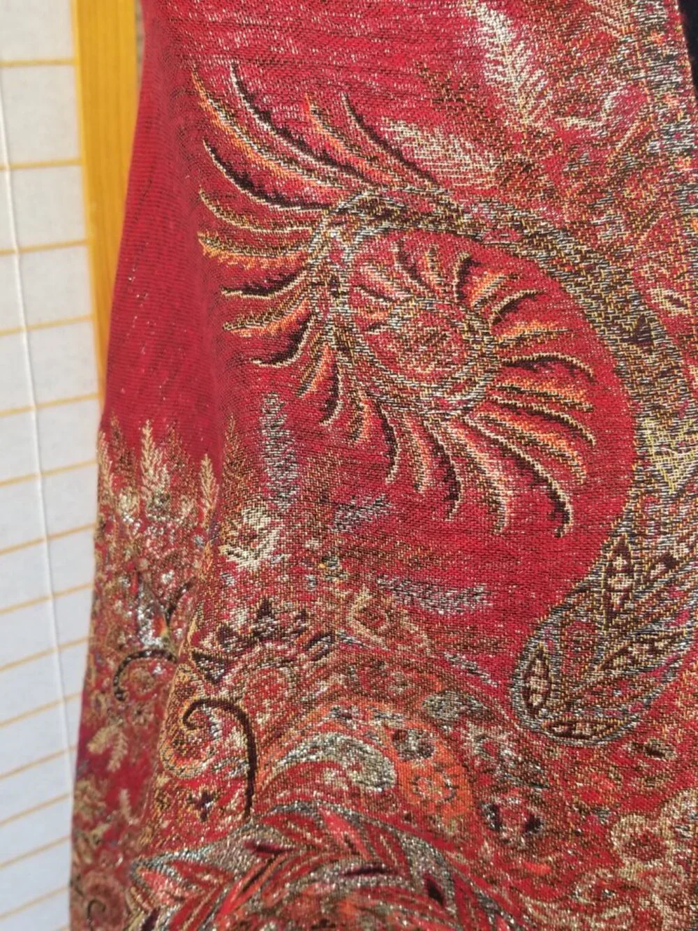 Wool Blanket Scarf Olive Green Brick Red Gold Metallic Threads Paisley Reverses